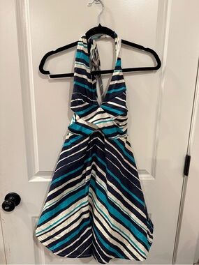 Ruby Rox Navy, Teal & White Striped Backless Halter Dress